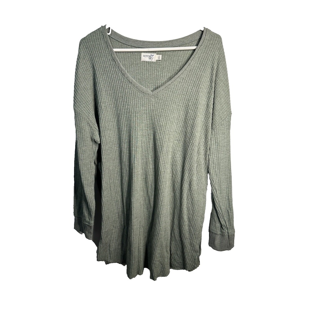 terra & sky womens green v neck‎ long sleeve shirt plus size 0X 14w